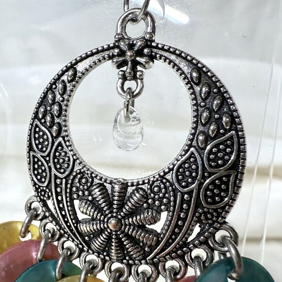 Silver Tone Dangle Earrings Multicolor Shell Discs - Picture 3 of 8